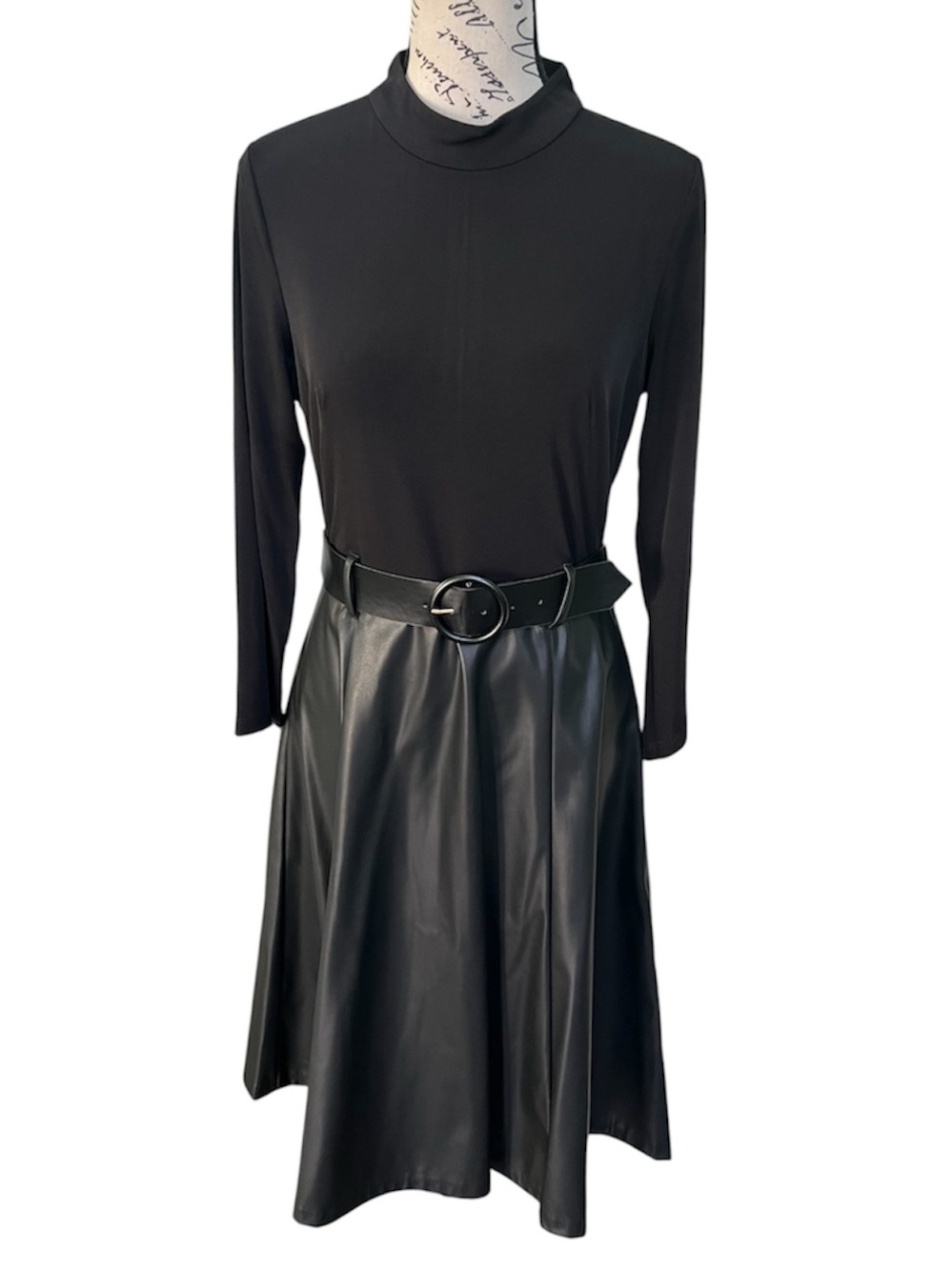 Calvin Klein Black Long-Sleeve Mock Neck Fit & Faux-Leather Skirt Dress